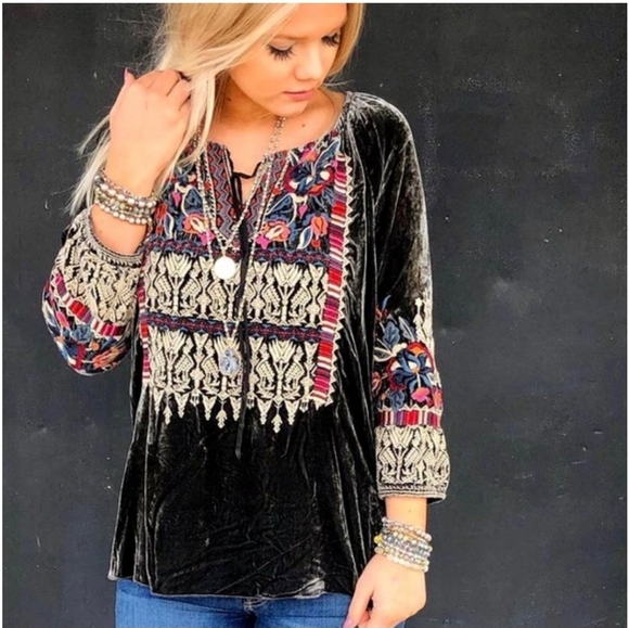 Johnny Was Silk Blend Claude Black Velvet Embroidered Peasant Tunic Top Sz Large - Picture 5 of 12